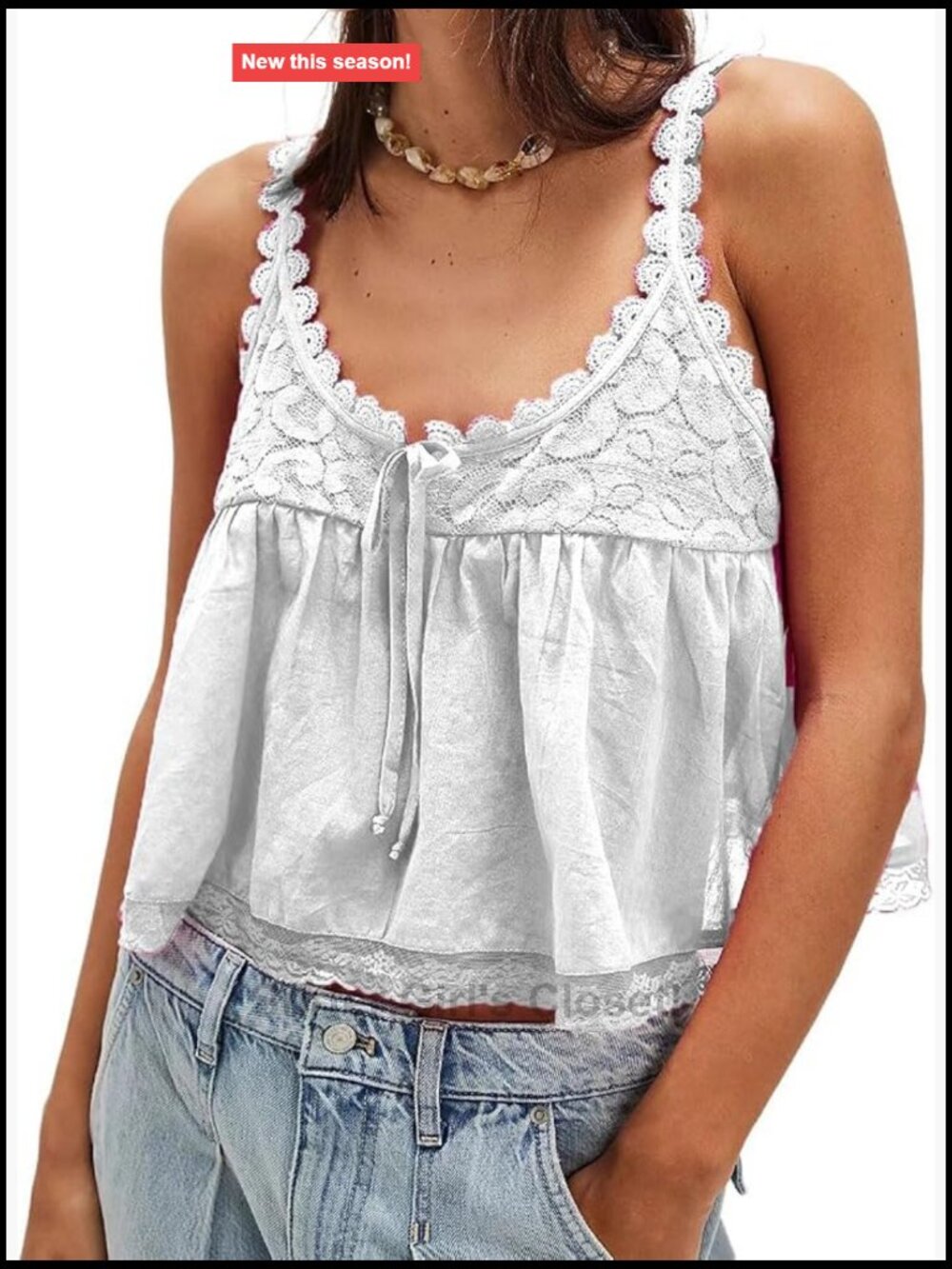 Scoop Neck Tie Front Crop Tank Top Sleeveless Lace Trim Flowy Semi Sheer